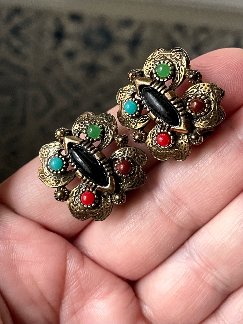 Vintage goldtone Etruscan-style clip-on earrings w/ faux stone cabochons